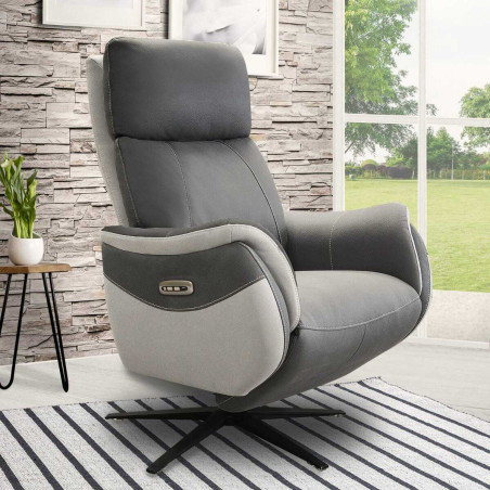 Fauteuil relax électrique pivotant micro grain bi-colore gris - SANGYOR