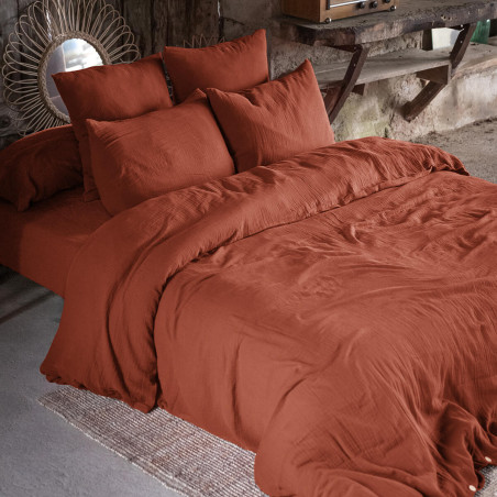 Drap housse 180x200 cm gaze de coton terracotta - OUREO