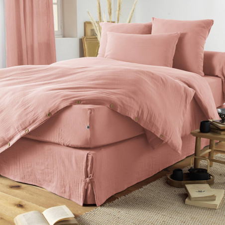 Drap Housse 160x200cm Gaze de Coton Rose Pêche - OUREO
