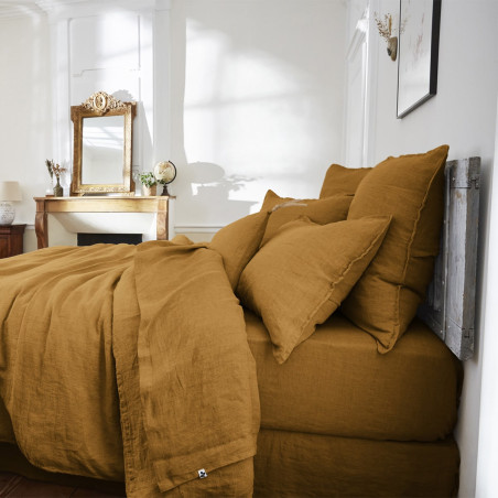 Drap Housse 160x200 cm Lin Lavé Caramel - MARGA