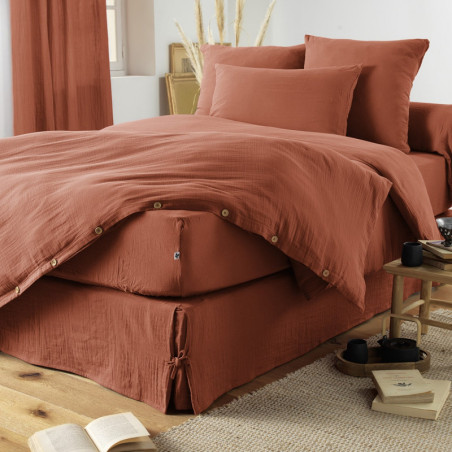 Drap Housse 90x200cm Gaze de Coton Terracotta - OUREO