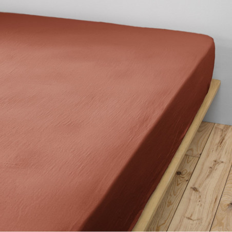 Drap Housse 90x200cm Gaze de Coton Terracotta - OUREO