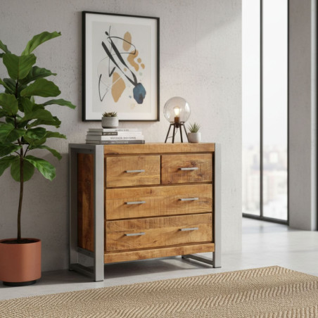 Commode 4 tiroirs en bois massif recyclé et acier patiné - MANGOVROR