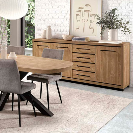 Buffet 3 portes 4 tiroirs aspect bois poignées métal noires - VYSIAL