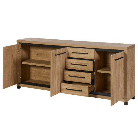 Buffet 3 portes 4 tiroirs aspect bois poignées métal noires - VYSIAL