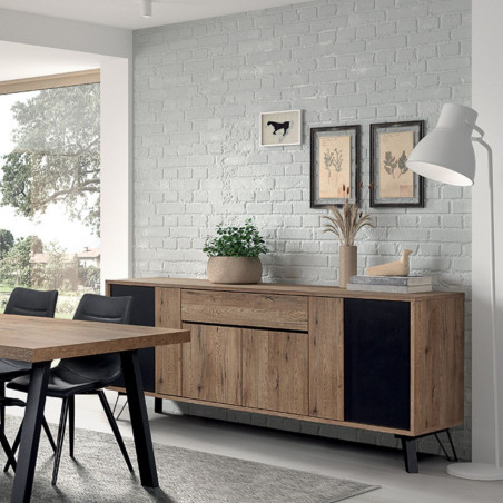 Buffet 4 portes 1 tiroir chêne miel et noir mat - CELINE