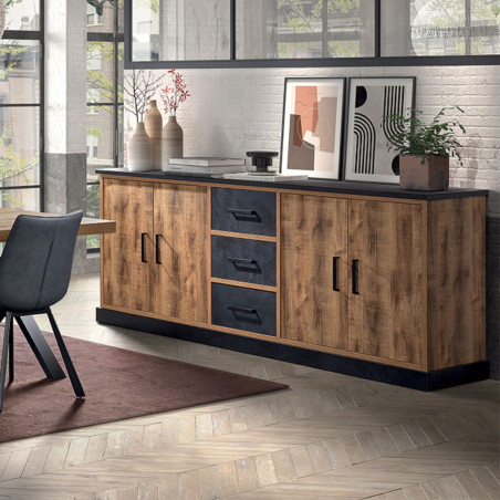 Buffet 4 portes 3 tiroirs chêne artisan et noir graphite - BALTY