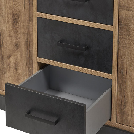 Buffet 4 portes 3 tiroirs chêne artisan et noir graphite - BALTY