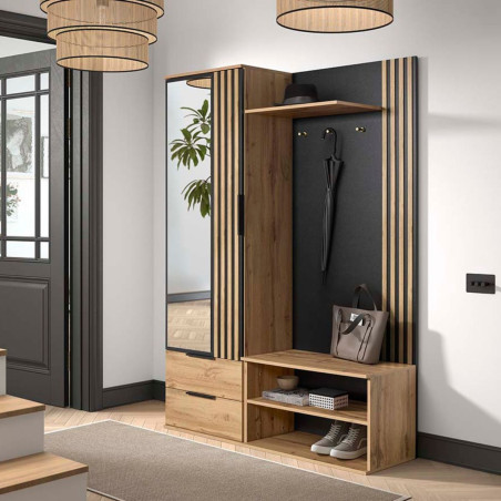Vestiaire multi rangements aspect bois et noir - BERGEN
