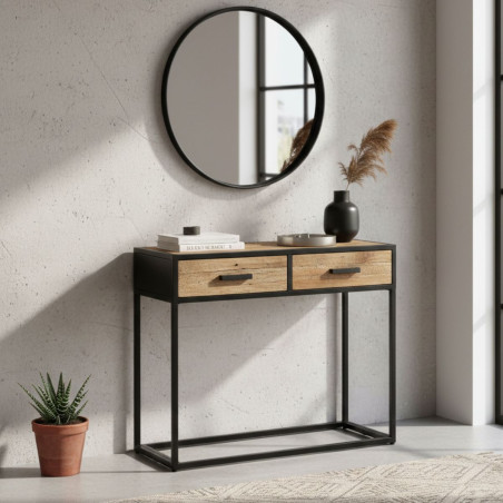 Console 2 tiroirs en teck recyclé et métal laqué noir - TANIRA