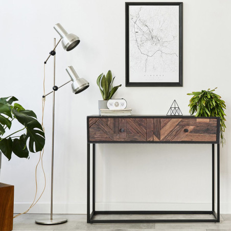 Console 2 tiroirs en métal noir et bois recyclé - JORDIA