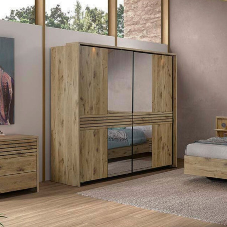 Armoire 2 portes coulissantes miroir leds aspect bois noir - NIKITOR
