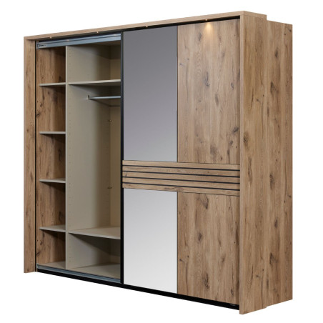 Armoire 2 portes coulissantes miroir leds aspect bois noir - NIKITOR