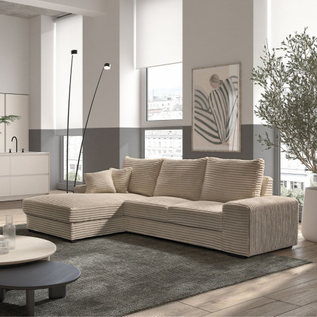 Canapé d'angle droit convertible taupe tissu velours côtelé - ELKOR