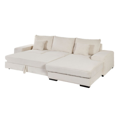 Canapé d'angle droit convertible crème tissu velours côtelé - ELKOR