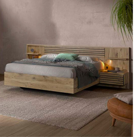 Lit 140x190cm avec tête de lit, chevets suspendus et LED - NIKITOR