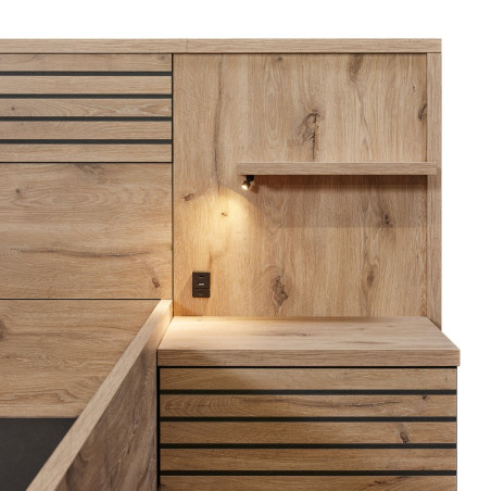 Lit 160x200cm avec tête de lit, chevets suspendus et LED - NIKITOR