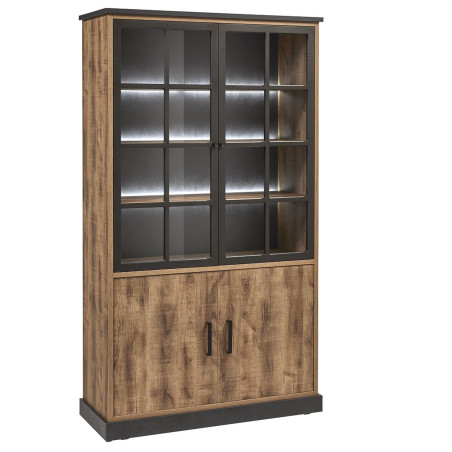 Vitrine 4 portes chêne artisan et noir graphite avec éclairage - BALTY