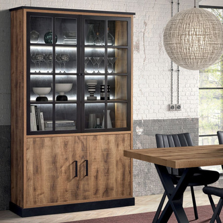 Vitrine 4 portes chêne artisan et noir graphite avec éclairage - BALTY