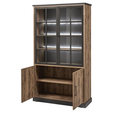 Vitrine 4 portes chêne artisan et noir graphite avec éclairage - BALTY