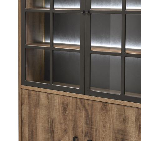 Vitrine 4 portes chêne artisan et noir graphite avec éclairage - BALTY