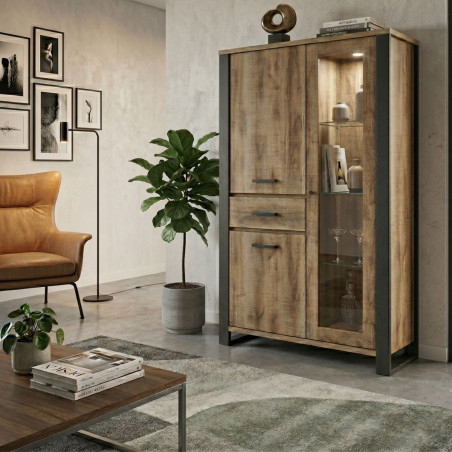 Vitrine 3 portes chêne artisan et noir graphite - SAMILY