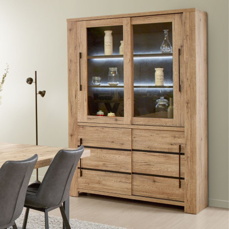 Vitrine chêne naturel et noir mat avec leds - ARCVIK