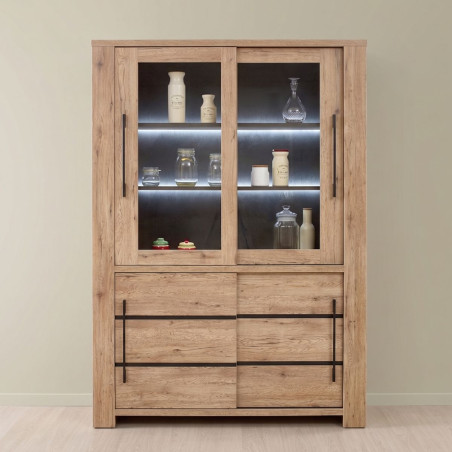 Vitrine chêne naturel et noir mat avec leds - ARCVIK