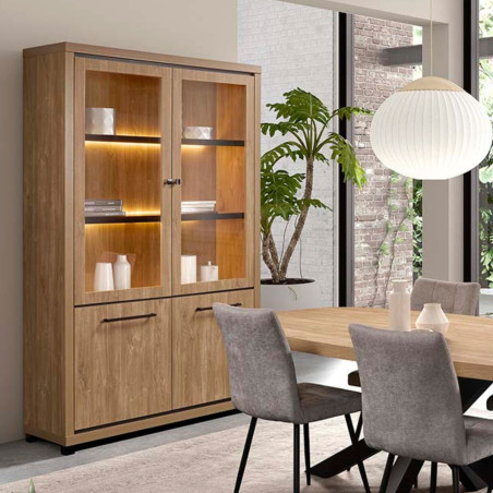 Vitrine 4 portes leds aspect bois Houston Oak - VYSIAL