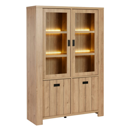 Vitrine 4 portes avec éclairage Leds aspect bois - GERMAIN
