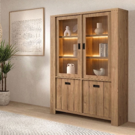 Vitrine 4 portes avec éclairage Leds aspect bois - GERMAIN