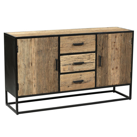 Buffet 2 portes 3 tiroirs teck recyclé métal laqué noir - TANIRA