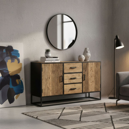 Buffet 2 portes 3 tiroirs teck recyclé métal laqué noir - TANIRA