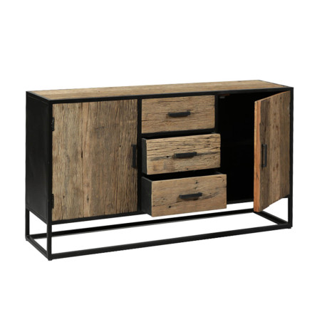 Buffet 2 portes 3 tiroirs teck recyclé métal laqué noir - TANIRA