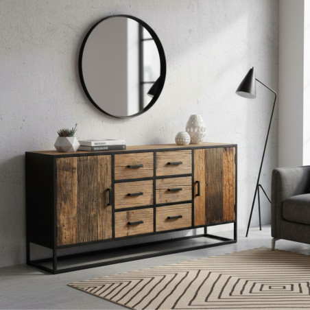 Buffet 2 portes 6 tiroirs teck recyclé métal noir - TANIRA