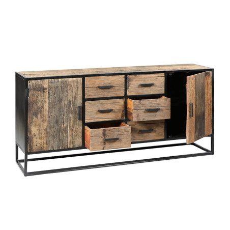 Buffet 2 portes 6 tiroirs teck recyclé métal noir - TANIRA