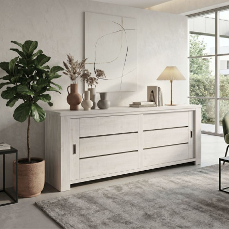 Buffet 2 portes coulissantes bois cérusé blanchi - TITAN