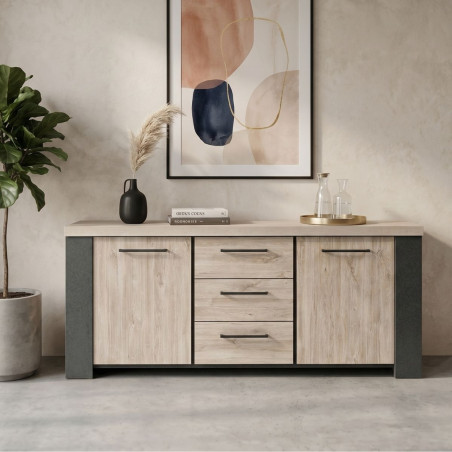 Buffet 2 portes 3 tiroirs chêne clair et gris ardoise - GALYX