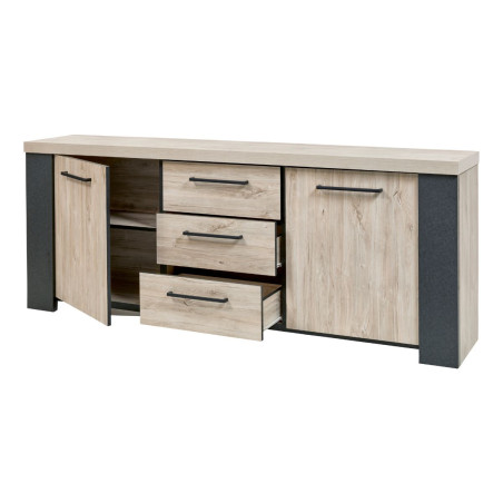 Buffet 2 portes 3 tiroirs chêne clair et gris ardoise - GALYX
