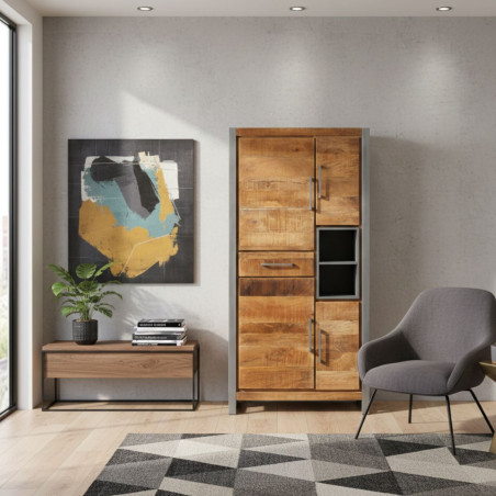 Buffet haut 4 portes 1 tiroir en bois massif recyclé et acier - MANGOVROR