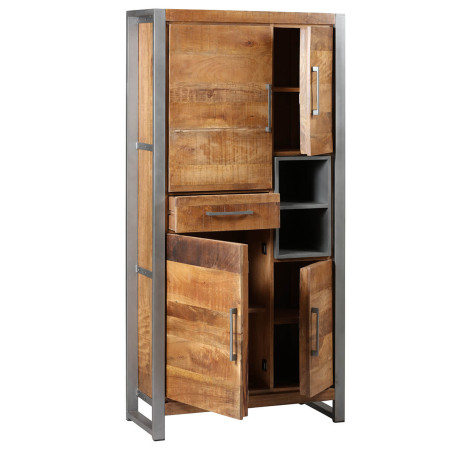 Buffet haut 4 portes 1 tiroir en bois massif recyclé et acier - MANGOVROR