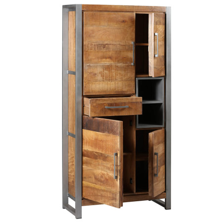 Buffet haut 4 portes 1 tiroir en bois massif recyclé et acier - MANGOVROR
