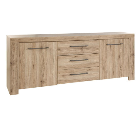 Buffet 2 portes 3 tiroirs chêne doré poignées métal gris - ZYRO