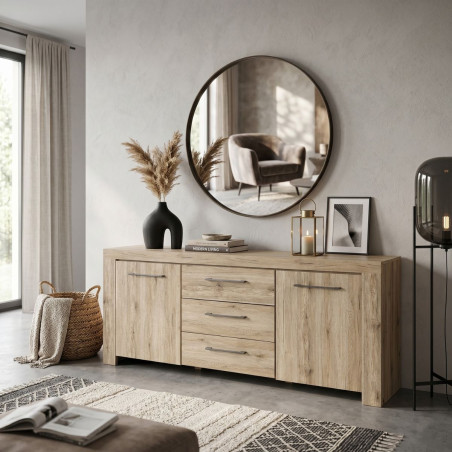 Buffet 2 portes 3 tiroirs chêne doré poignées métal gris - ZYRO