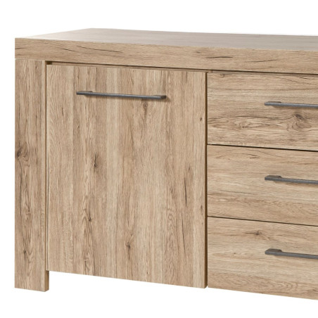Buffet 2 portes 3 tiroirs chêne doré poignées métal gris - ZYRO