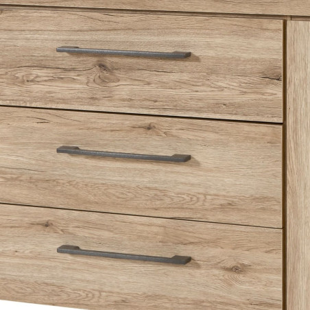 Buffet 2 portes 3 tiroirs chêne doré poignées métal gris - ZYRO