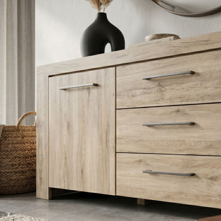 Buffet 2 portes 3 tiroirs chêne doré poignées métal gris - ZYRO