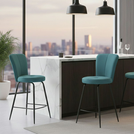 Lot de 2 tabourets de bar matelassée bleu pieds métal gris - ELLIPSOR