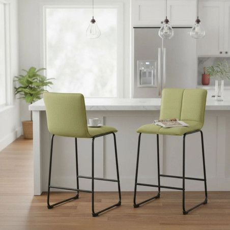 Lot de 2 tabourets de bar matelassée tissu vert pieds métal - ANSONOR