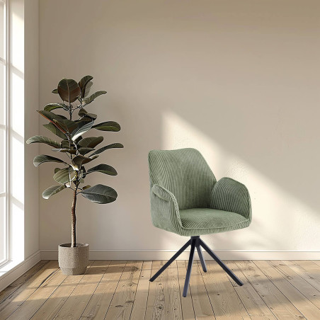 Lot de 2 fauteuils de table pivotants tissu côtelé vert - CORIUS